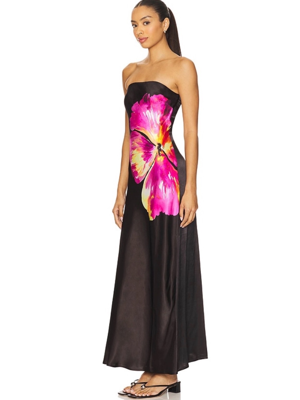 l*space Black Strapless Maxi Dress with Pink and Yellow Hibiscus Floral